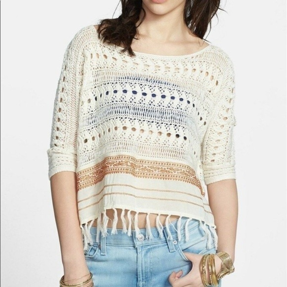 Free People Fringed Crochet Knit Sweater Top XS Cream Boho Festival Layering - Picture 2 of 14